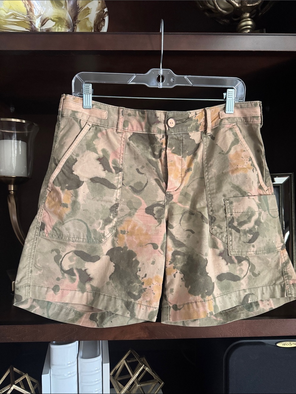 Women’s Paint-Splash Cargo Shorts in Olive and Pink Anthropologie